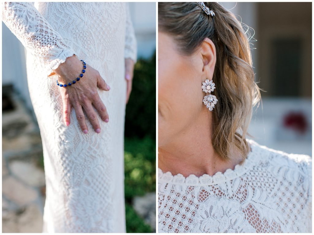 bride wearing a blue bracelet and white flower earrings BHLDN dress anthropologie inspired