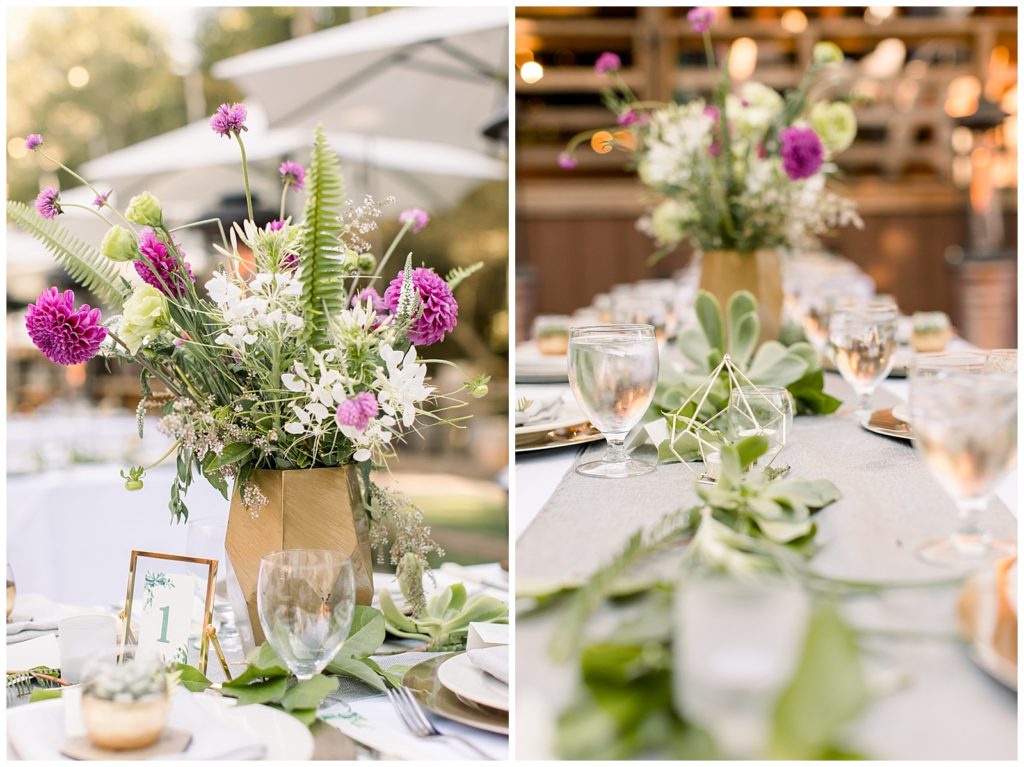 Big Sur Flowers on Reception Table and floral table numbers with succulents
