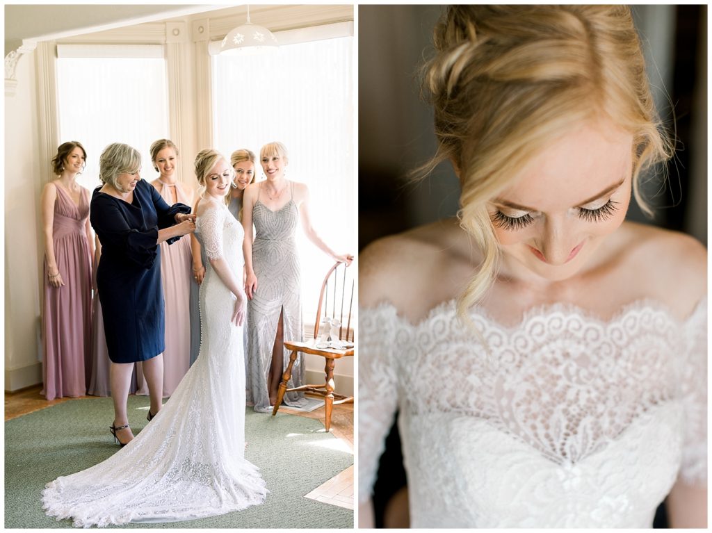 On the left is a bride in a long white wedding dress with a short lace train getting buttoned by her mother in a blue navy dress as the bridesmaids watch. On the right side is a close up bridal portrait of a bride looking down. Her dress has a scalloped lace trim that is off the shoulders, her eyelash extensions are accentuated, and her blonde hair falls naturally down her face. 