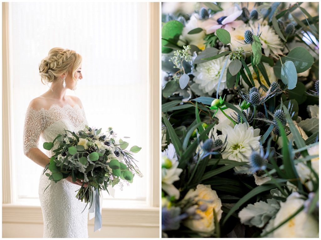 On the left a bride with blonde hair braided into a bun looks outside. Her dress is white with a scallop design and hangs just off her shoulder. She holds a floral bouquet. On the right is a picture of the floral bouquet close up. There are white daisies with blue flowers and greenery. 