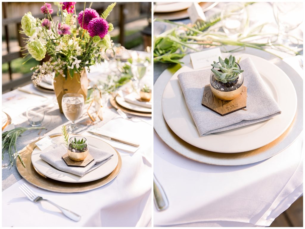 Homegrown succulent wedding favors with wildflower centerpieces