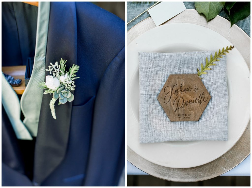 Groom succulent boutonniere and custom wooden coasters