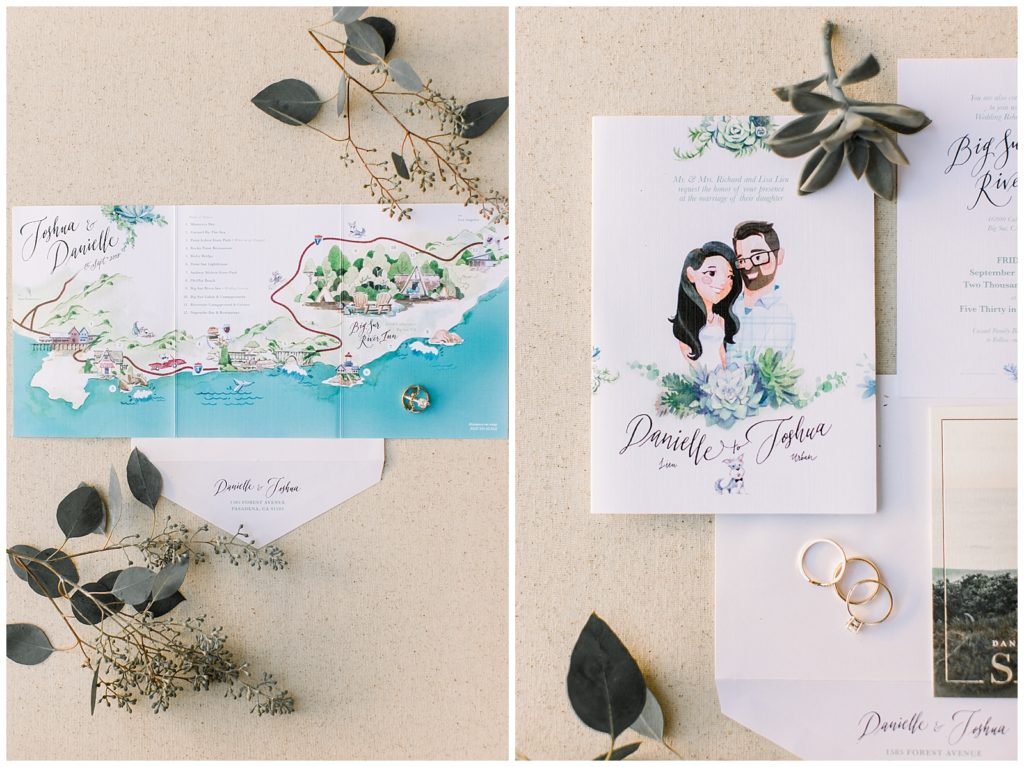 Custom graphic watercolor wedding invitations for Big Sur River Inn
