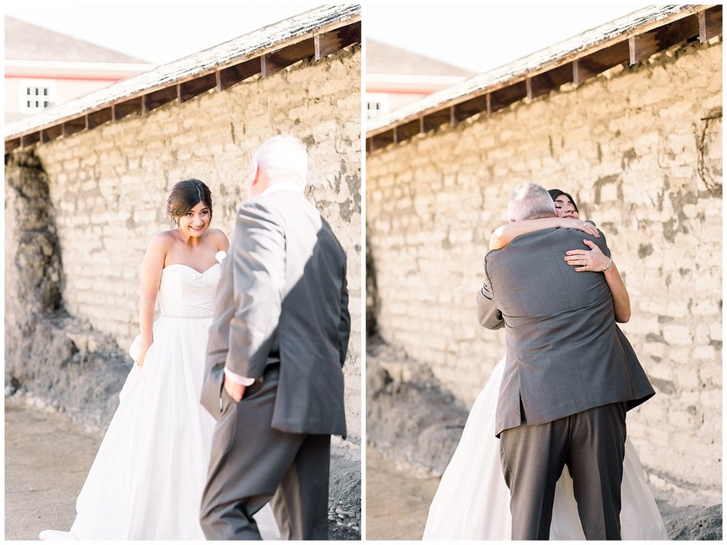 Father sees daughter in her wedding dress for the first time at Cooper Molera Barns in Monterey, CA
