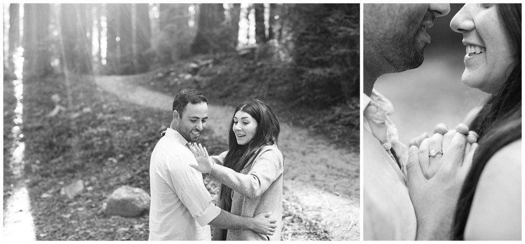 Black and white portraits of newly engaged couple and detailed shot of ring