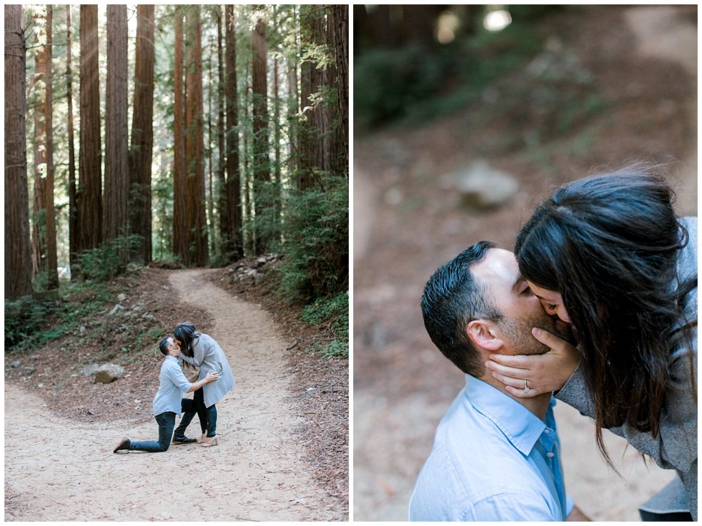 Couple kisses under the redwoods at Glen Oaks
