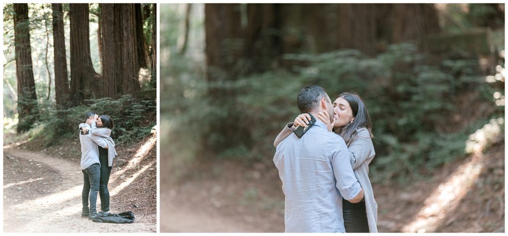 couple kisses in redwoods after surprise proposal captured by AGS Photo Art
