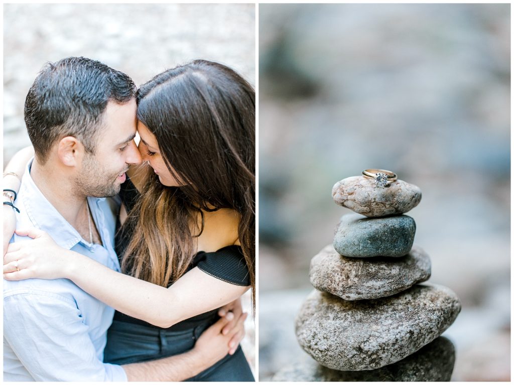 Couple cuddles and solitaire diamond ring sits on rock tower in Big Sur