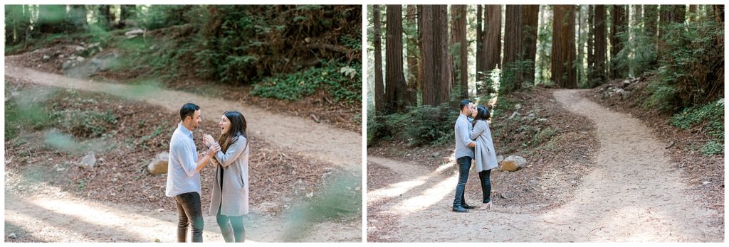 Couple kisses after proposal in the redwoods at Glen Oaks