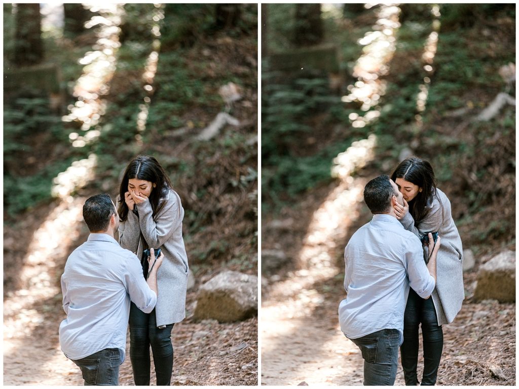 Girl is shocked and kisses new fiance after proposal in redwoods in Big Sur