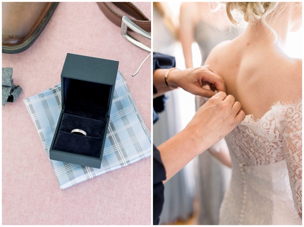 A groom's wedding band in a Mrs. Box on a baby blue plaid napkin. They are both resting on a blush pink linen background. A mother helps her bride dress.