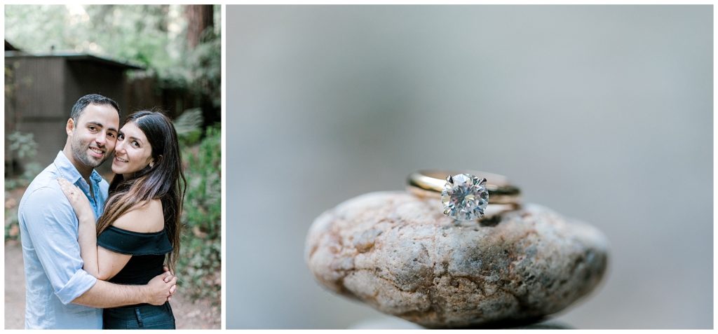 Newly engaged couple poses for photo and round solitaire diamond ring on rock
