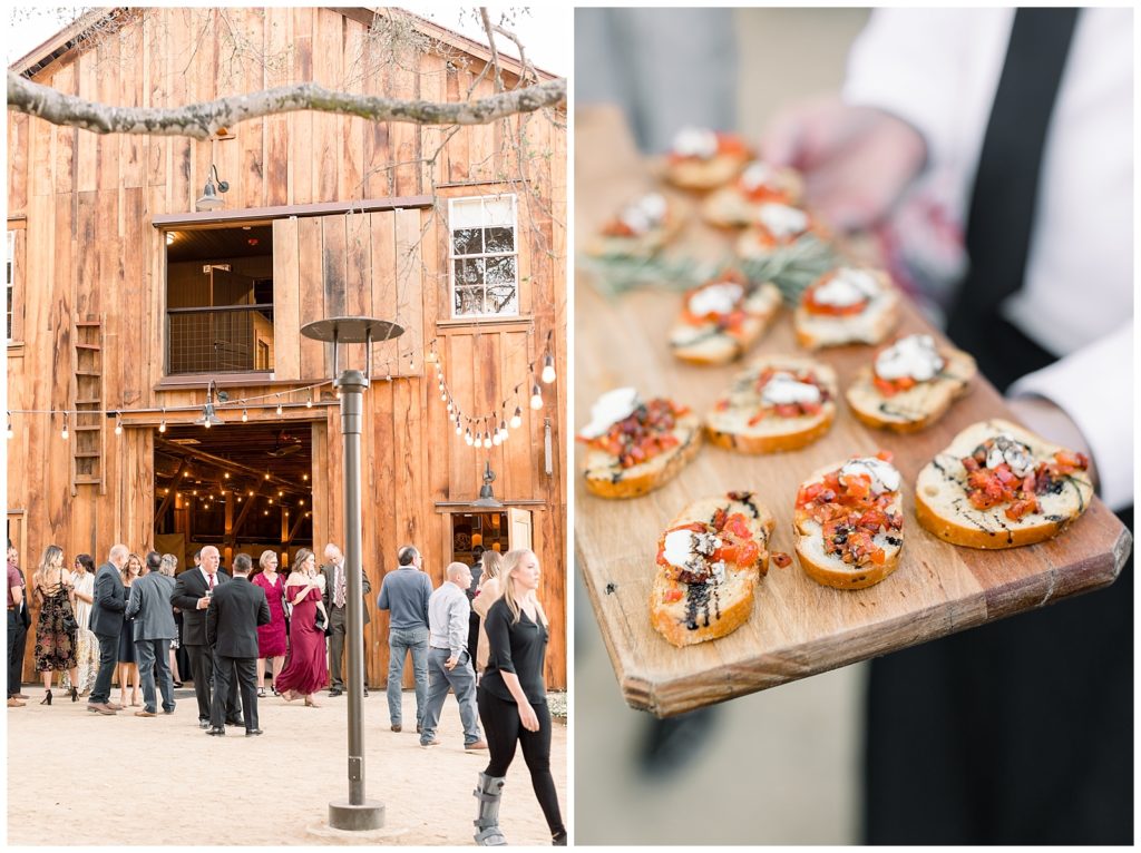 Wedding guests enjoy appetizers in outside the Barns at Cooper Molera