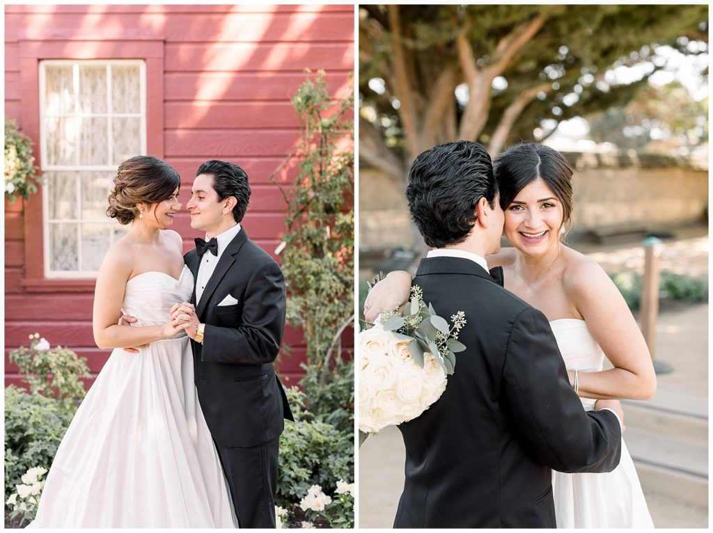 Classic bride and groom portraits in front of red door on sunny day in Monterey, CA