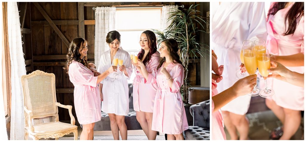Bridesmaids share a champagne toast in the upstairs of the Cooper Molera Barns in Monterey