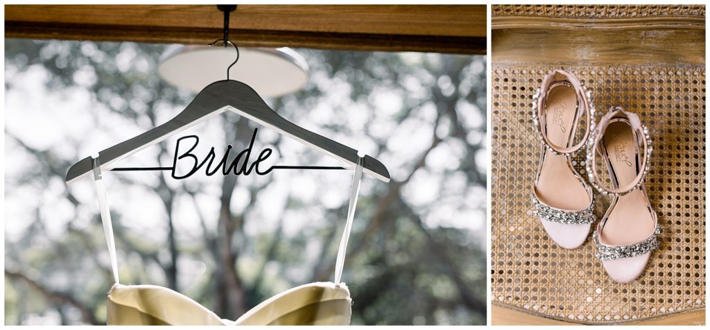 Monterey wedding bridal details with personalized hanger and jewel blush shoes