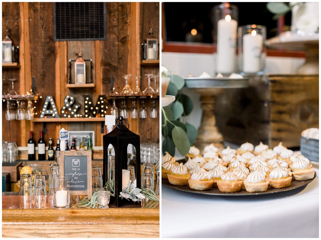 Reception details of a wooden bar with candles and an "A&M" sign in the background. Lemon merengues sit on a plate. 