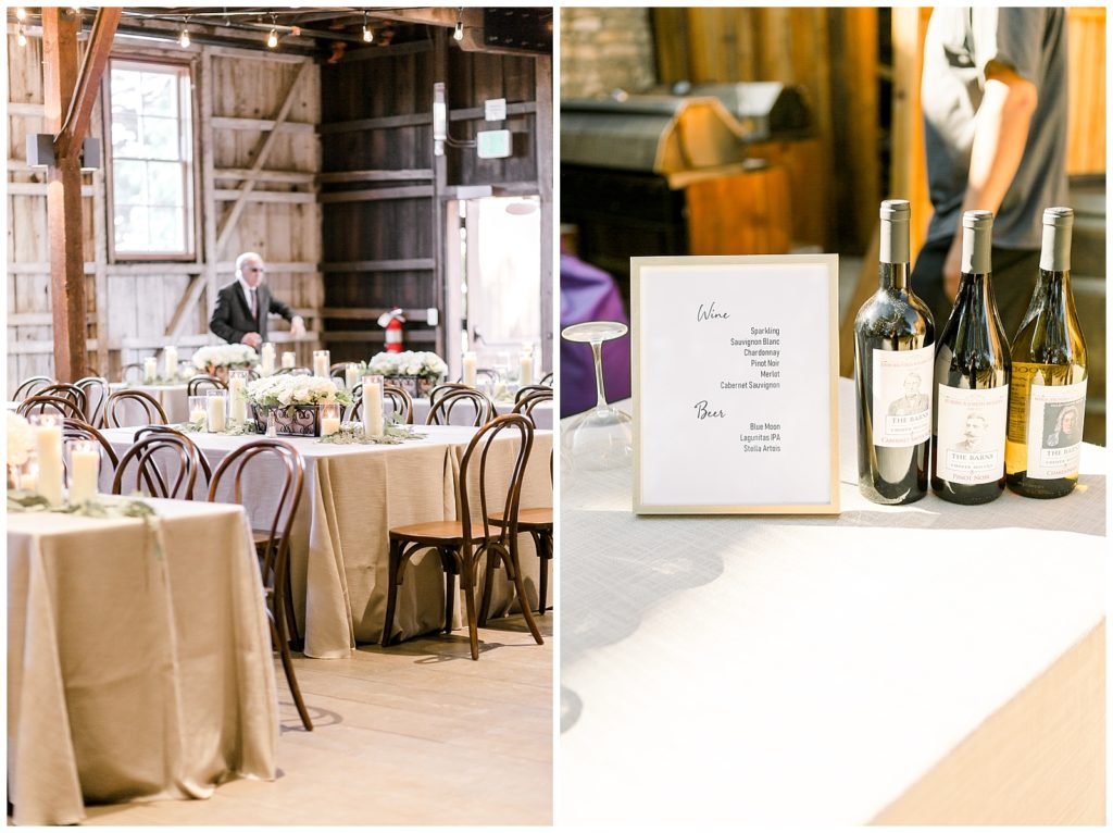 Reception details and wine inside the Barns at Cooper Molera