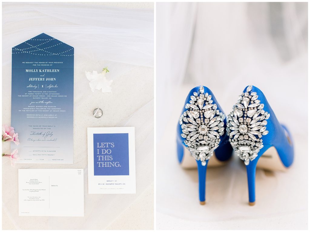 Shades of Blue wedding invitation and something blue shoes with rhinestone heel
