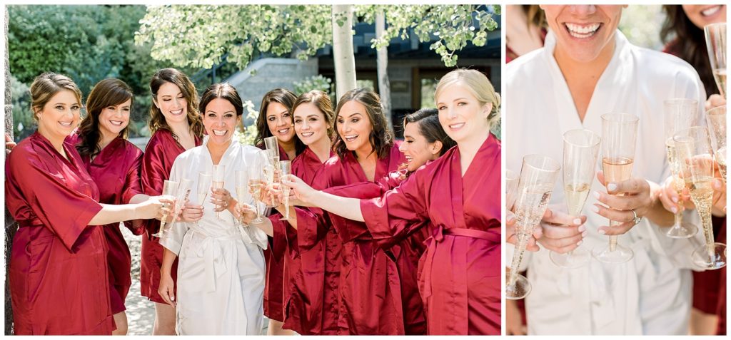 Bridal toast with bridesmaids in red silk robes
