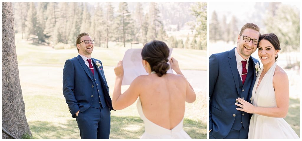 Groom laughing at bride during first look in Lake Tahoe