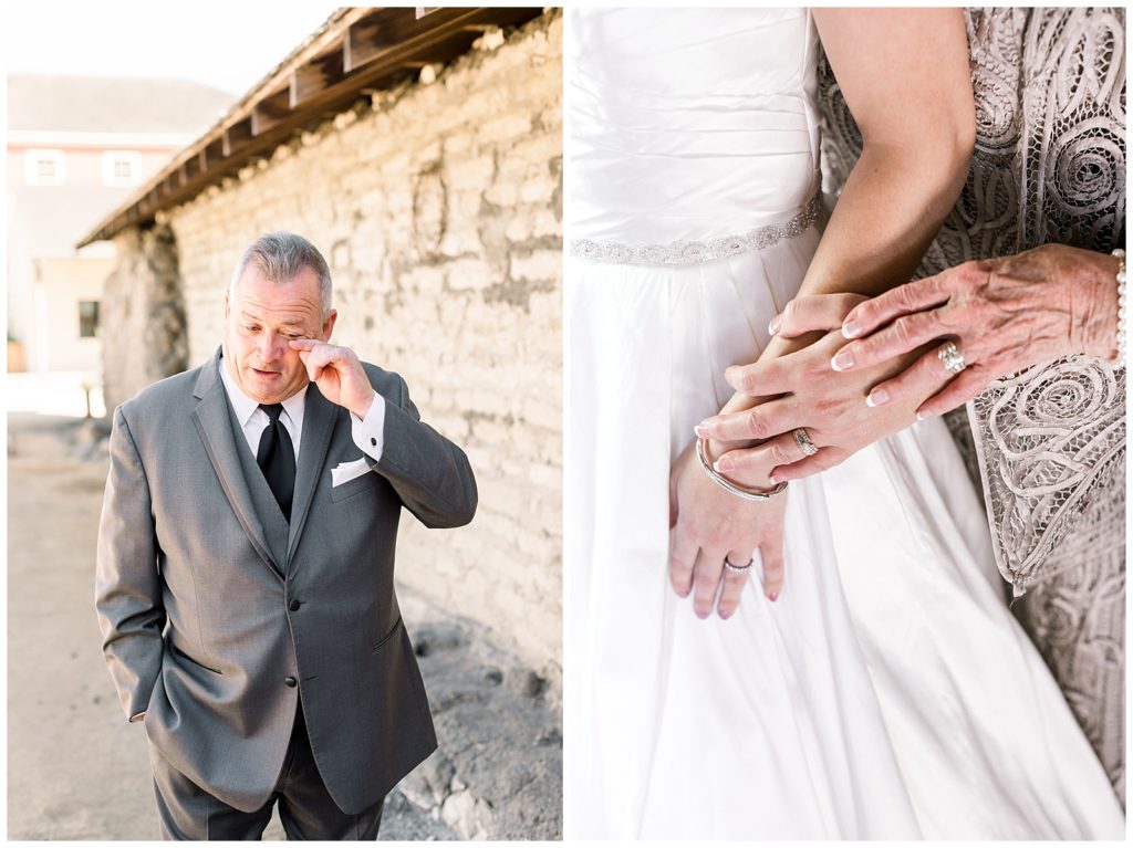 Father tears up waiting to see his daughter in wedding dress and three generations hold hands before Monterey wedding at The Barns at Cooper Molera