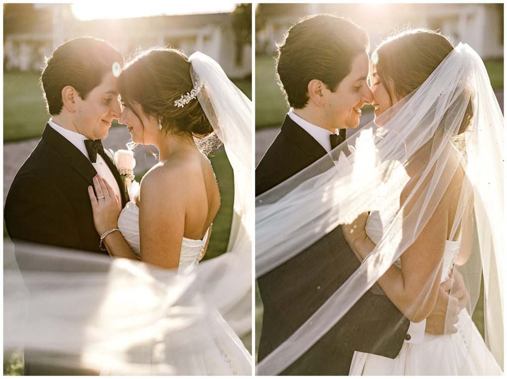 Sunset bridal portrait with veil blowing in front of couple and beautiful light streaming through in Monterey, CA