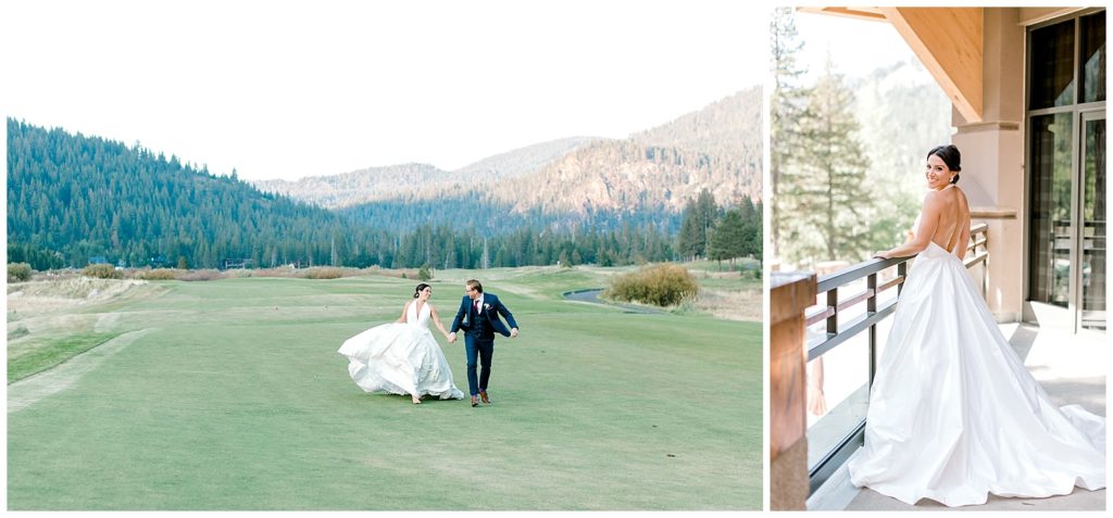 Bride and Groom run across golf course in South Lake Tahoe Squaw Valley Resort