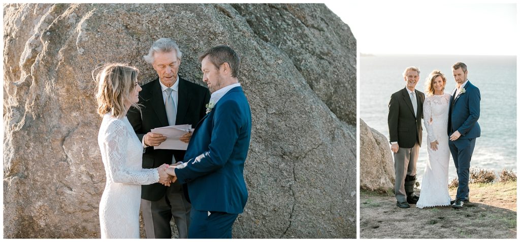 Wedding Rock ceremony on California Coast with couple and officiant