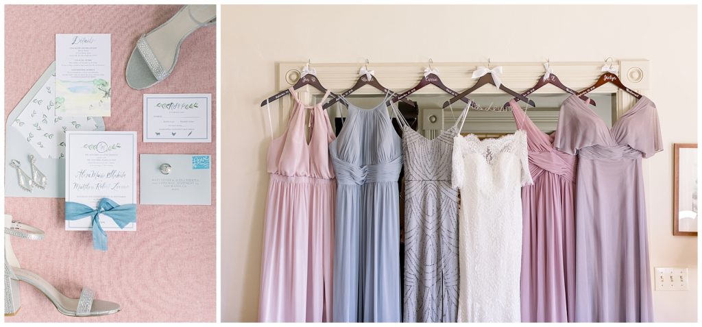 On the left is a blush flatlay background with numerous details on top. It has a white invitation suite with a tiffany blue ribbon tied around the invitation. Earrings are on top of an envelope. The bride's shoes are placed artfully on two opposing corners of the frame. On the right photo is differing shades of pink long formal dresses next to the wedding dress. The hangers are all personalized. 