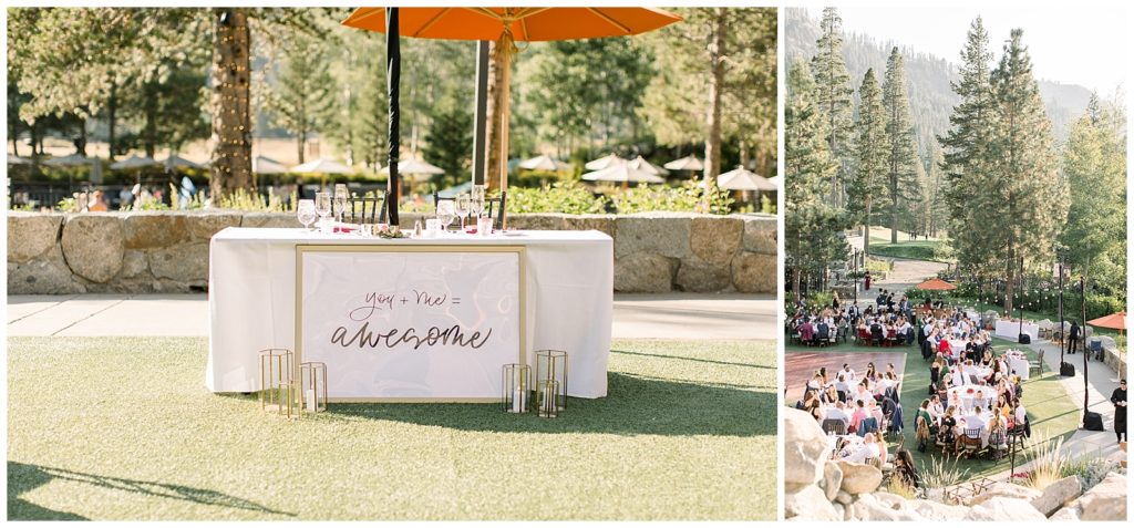 Reception Details in the mountains with sign that says "you + me = awesome"