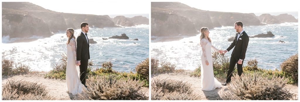 Bride and groom prepare for first look on the cliffs of Big Sur, CA