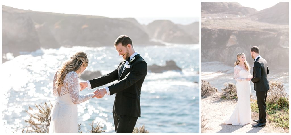 Groom smiles at his bride after seeing her in her wedding dress for the first time on the cliffs of Big Sur