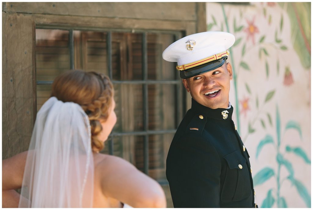 Military groom turns to see his bride for the first time at Corral de Tierra