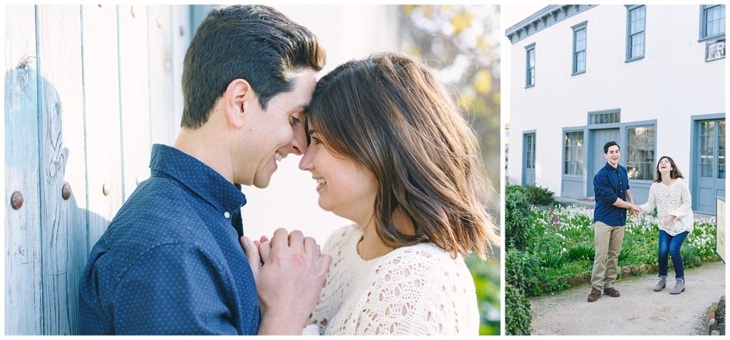 Cute couple poses for engagement photos in downtown Monterey, CA garden