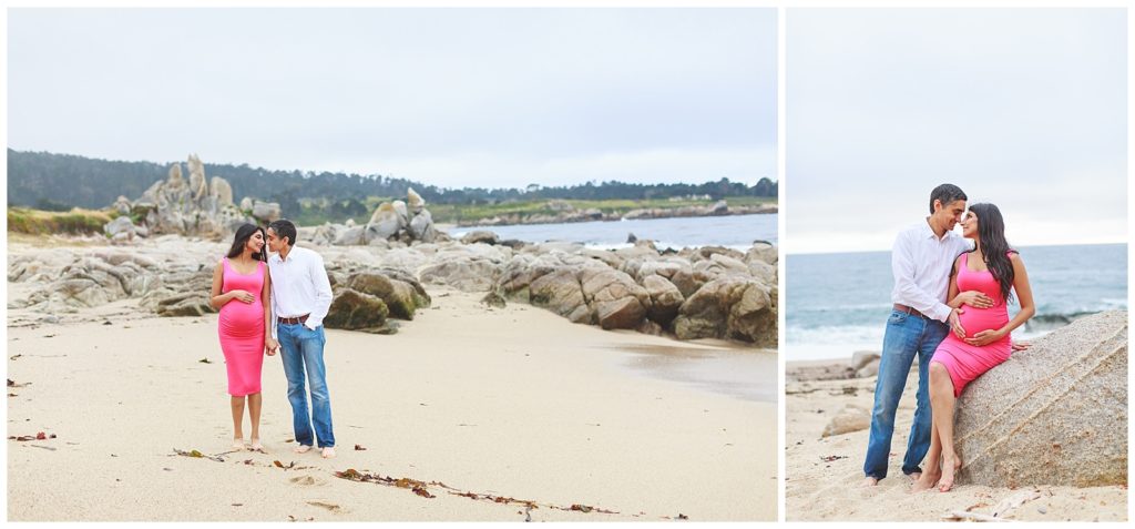 Beach maternity photos in Carmel-by-the-Sea with woman in bright pink dress