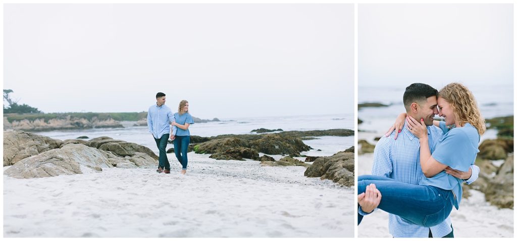 Couple snuggles up for photos after a surprise proposal on the coast at Pebble Beach