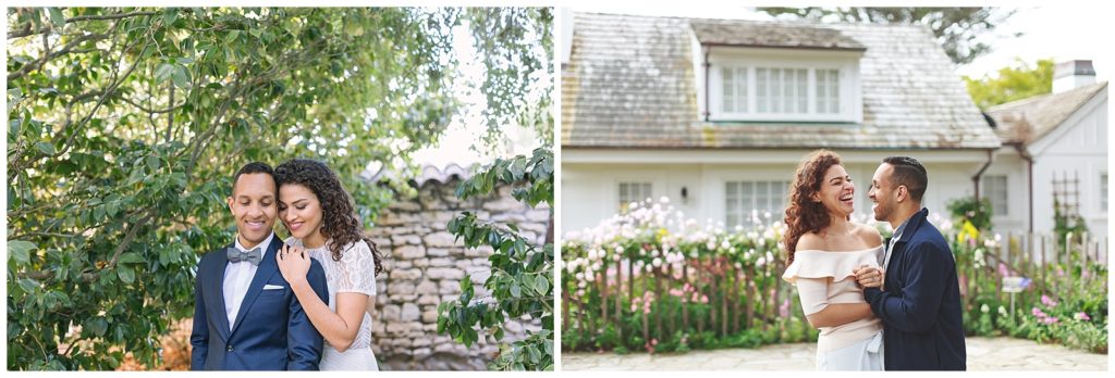 Sweet sunrise engagement session in Downtown Carmel-by-the-Sea with lush gardens