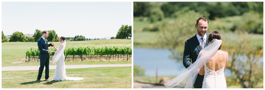 Groom sees his bride for the first time in a vineyard in California on a sunny day