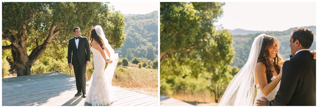 Bride and groom first look on mountaintop deck in Carmel Valley, CA