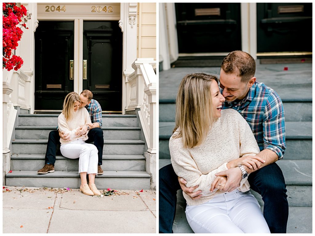 San Francisco front porch engagement session with cute couple on stairs