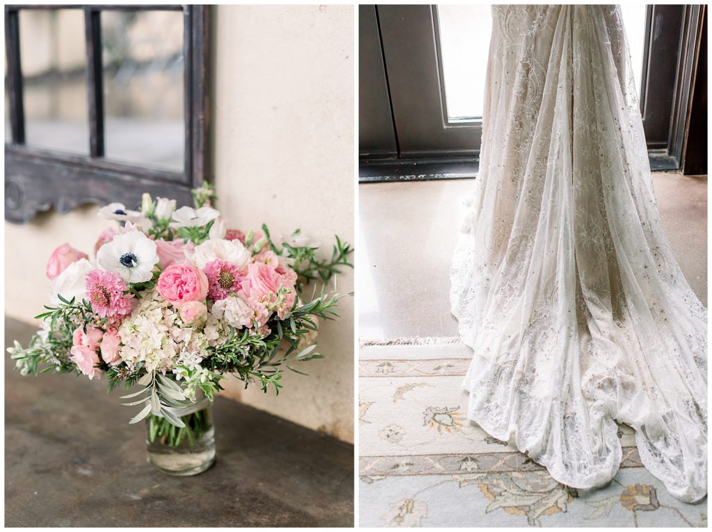 pink and white bridal bouquet and bottom of wedding dress at Ma Maison