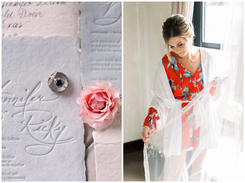 Letterpress invitation suite  and bride in bright robe touching wedding dress at Ma Maison
