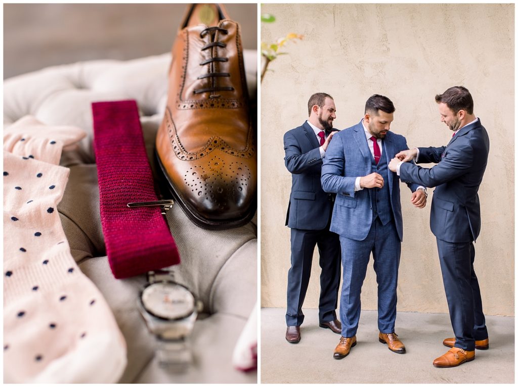 Groomsmen and red groom details at Ma Maison