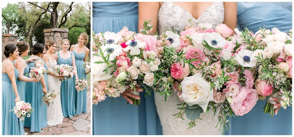 Blue bridesmaids dresses and pink and white bridal bouquets at Austin Texas spring wedding