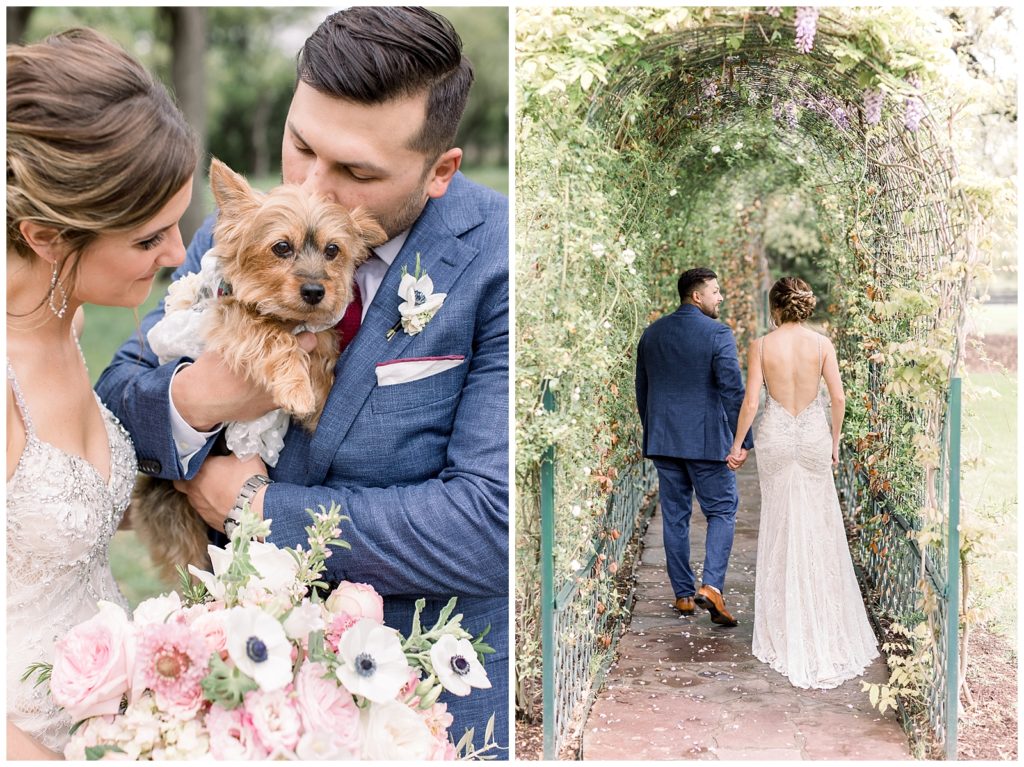 Lush green and floral bridal portraits with dog at Ma Maison
