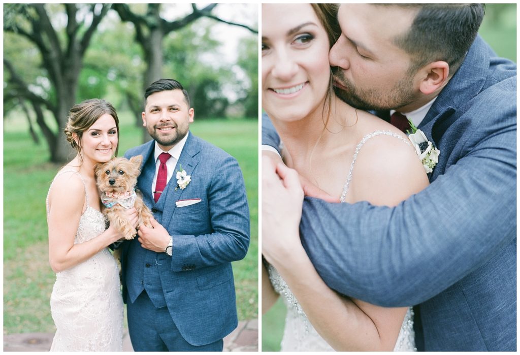 Bride and groom pose with their dog at Ma Maison