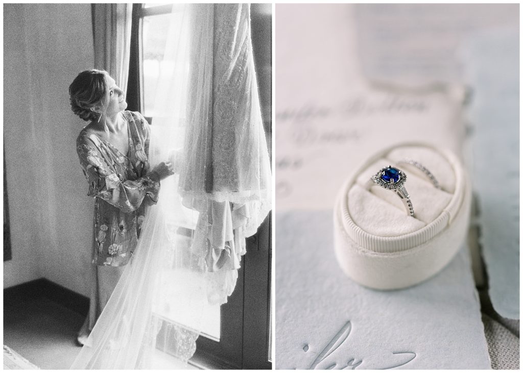 Film details of bride's ring and dress at Ma Maison