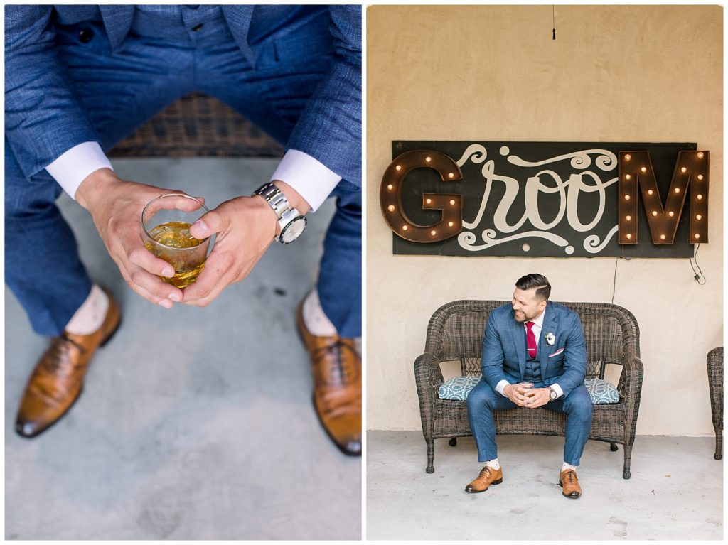 Groom drinking bourbon while getting ready on wedding day in Austin, Texas
