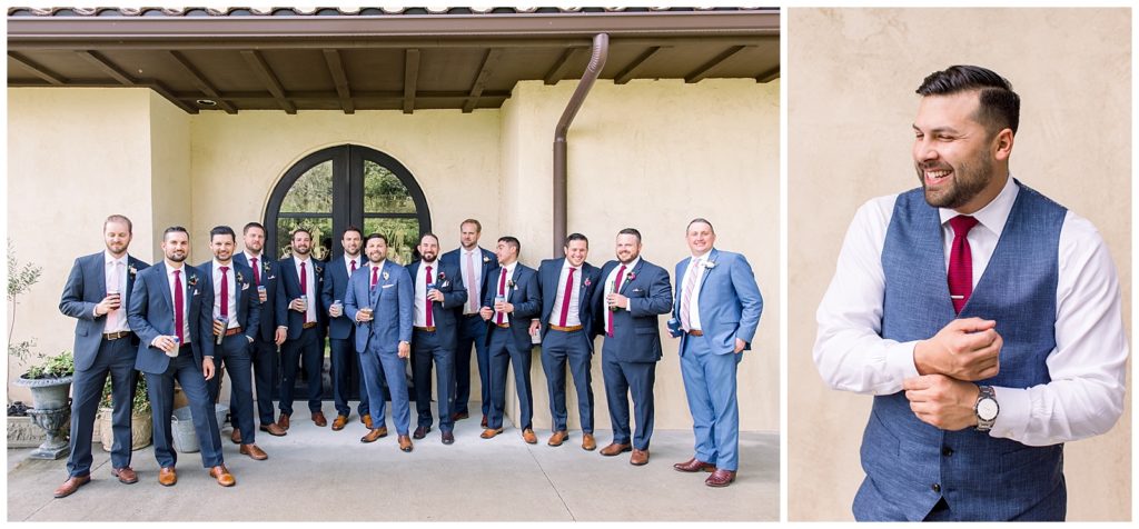 Ma Maison groom and groomsmen pose for large group shot on wedding day